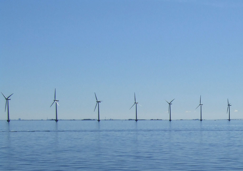 Panorama - Havmøller på Øresund med Øresundsbroen i baggrunden