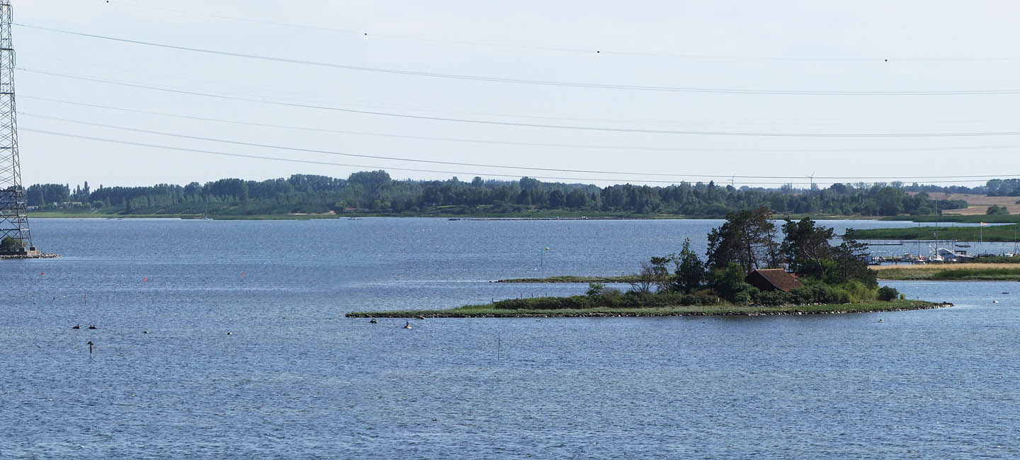 Panorama - Udsigt fra Kølholm mod syd, med Hyldeholm og Peberholm i forgrunden